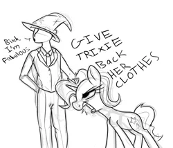 Size: 1108x949 | Tagged: accessory swap, accessory theft, angry, artist:nohooves, derpibooru import, drool, glare, human, monochrome, oc, oc:anon, open mouth, safe, sketch, trixie, trixie's hat, vulgar, yelling