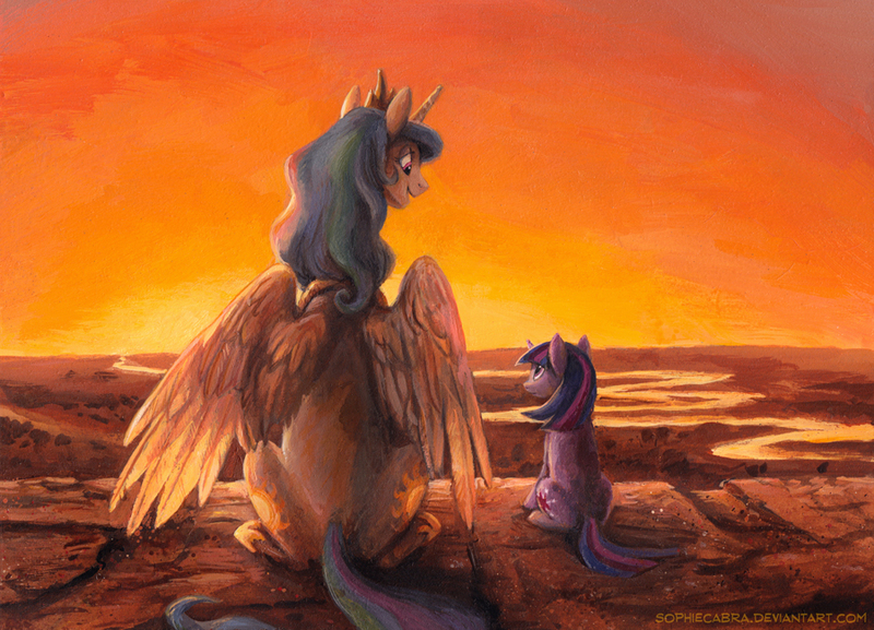 Size: 900x649 | Tagged: artist:kenket, artist:spainfischer, both cutie marks, cute, dead source, derpibooru import, eye contact, female, filly, filly twilight sparkle, momlestia, princess celestia, river, safe, scene parody, smiling, sunset, the lion king, twilight sparkle, younger