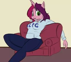 Size: 800x700 | Tagged: safe, artist:goat train, deleted from derpibooru, derpibooru import, oc, oc:gloomy, unofficial characters only, anthro, unicorn, anthro oc, clothes, colored, couch, giant anthro, hoodie, jeans, looking at you, macro, mlpg, plump, solo