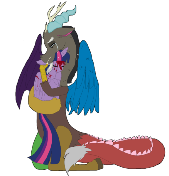 Size: 800x834 | Tagged: grimdark, artist:lalalay-a, derpibooru import, discord, twilight sparkle, twilight sparkle (alicorn), alicorn, pony, blood, comforting, comforting twilight, crying, discolight, eyes closed, female, frown, gritted teeth, hug, implied death, male, mare, shipping, simple background, straight, transparent background