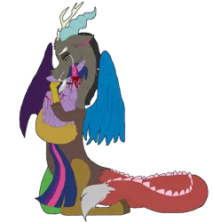 Size: 800x834 | Tagged: grimdark, artist:lalalay-a, derpibooru import, discord, twilight sparkle, twilight sparkle (alicorn), alicorn, pony, blood, comforting, comforting twilight, crying, discolight, eyes closed, female, frown, gritted teeth, hug, implied death, male, mare, shipping, simple background, straight, transparent background