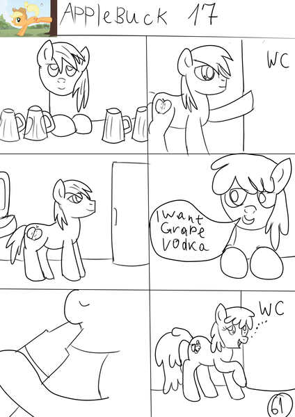 Size: 2480x3508 | Tagged: safe, artist:jbond, derpibooru import, berry punch, berryshine, big macintosh, earth pony, pony, comic:applebuck, comic, drunk, male, monochrome, sketch, stallion, toilet, vodka