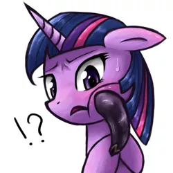 Size: 450x450 | Tagged: artist:coma392, blushing, derpibooru import, eggplant, exclamation point, interrobang, pixiv, question mark, solo, suggestive, sweatdrop, twilight sparkle, wtf