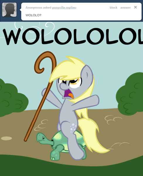 Size: 650x800 | Tagged: dead source, safe, artist:spaerk, derpibooru import, derpy hooves, tank, pegasus, pony, turtle, age of empires, animated, female, frown, hoof hold, mare, open mouth, riding, rts, staff, wololo