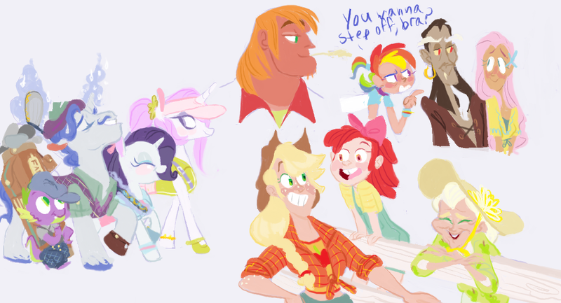 Size: 1126x610 | Tagged: safe, artist:sugaryboogary, derpibooru import, apple bloom, applejack, big macintosh, discord, fancypants, fleur-de-lis, fluttershy, granny smith, rainbow dash, rarity, spike, human, bucktooth, discoshy, female, golf, humanized, male, shipping, sketch dump, straight