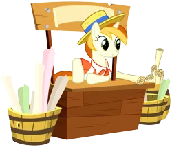 Size: 8165x7000 | Tagged: safe, artist:bobsicle0, derpibooru import, peachy pitt, pony, unicorn, absurd resolution, banner, booth, bucket, clothes, cute, female, hat, leaning, mare, scroll, shirt, simple background, smiling, solo, stand, transparent background, vector