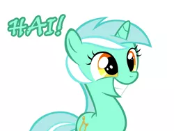 Size: 1280x960 | Tagged: safe, artist:sintakhra, derpibooru import, lyra heartstrings, pony, unicorn, cute, exclamation point, female, filly, filly lyra, grin, hai, hi, lyrabetes, mare, simple background, smiling, solo, squee, text, white background, younger