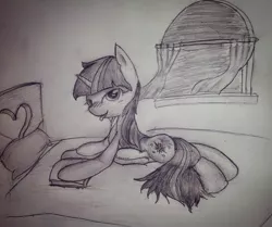 Size: 1280x1072 | Tagged: artist:pw211, bed, derpibooru import, monochrome, safe, solo, traditional art, twilight sparkle