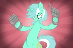 Size: 4455x2948 | Tagged: safe, artist:keen6, derpibooru import, lyra heartstrings, pony, artificial hands, bipedal, chest fluff, curved horn, female, mare, smiling, solo