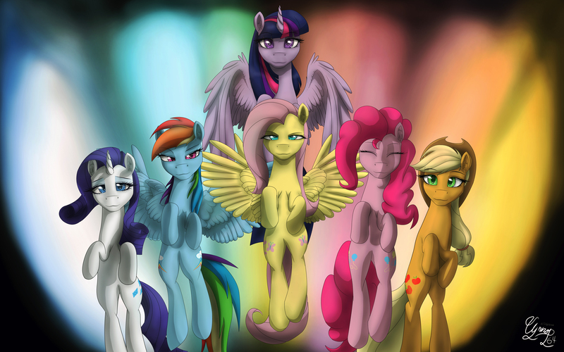 Size: 5333x3333 | Tagged: safe, artist:unnop64, derpibooru import, applejack, fluttershy, pinkie pie, rainbow dash, rarity, twilight sparkle, twilight sparkle (alicorn), alicorn, pony, absurd resolution, female, jumping, looking at you, mane six, mare, simple background