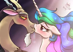 Size: 1250x900 | Tagged: suggestive, artist:joakaha, derpibooru import, discord, princess celestia, bedroom eyes, blushing, dislestia, drool, eye contact, female, floppy ears, french kiss, kissing, male, missing accessory, shipping, sloppy kissing, straight, windswept mane