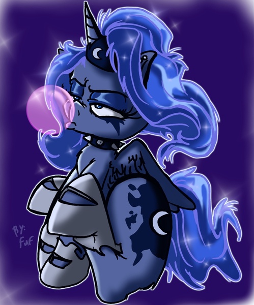 Size: 768x923 | Tagged: artist:fuf, bubblegum, collar, goth, messy mane, piercing, princess luna, safe, solo, unamused