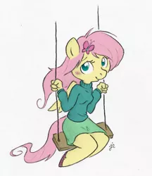 Size: 627x725 | Tagged: anthro, artist:greenlinzerd, artist:swiftcutter, clothes, colored, color edit, cute, derpibooru import, edit, fluttershy, safe, shyabetes, solo, sweater, sweatershy, swing, turtleneck, unguligrade anthro