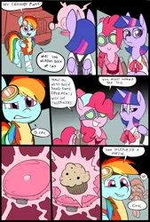 Size: 781x1156 | Tagged: safe, artist:metal-kitty, derpibooru import, derpy hooves, pinkie pie, rainbow dash, twilight sparkle, twilight sparkle (alicorn), alicorn, pony, comic:expiration date, comic, derpy soldier, dialogue, engie pie, engineer, expiration date, female, mare, medic, muffin, rainbow scout, scout, soldier, team fortress 2, teleporter, twi medic