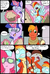 Size: 781x1156 | Tagged: safe, artist:metal-kitty, derpibooru import, big macintosh, derpy hooves, pinkie pie, rainbow dash, twilight sparkle, twilight sparkle (alicorn), alicorn, pony, comic:expiration date, comic, dialogue, dork, engie pie, engineer, expiration date, female, heavy, heavy mac, mare, muffin, rainbow scout, scout, soldier, team fortress 2, twi medic