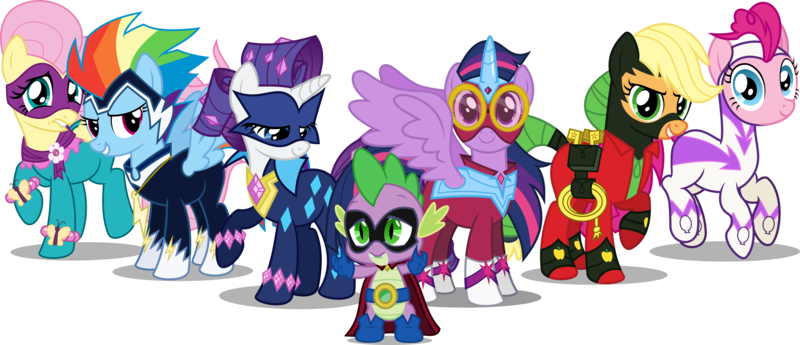 Size: 13989x6041 | Tagged: safe, artist:notlikelyanartist, derpibooru import, applejack, fili-second, fluttershy, humdrum, masked matter-horn, mistress marevelous, pinkie pie, radiance, rainbow dash, rarity, saddle rager, spike, twilight sparkle, twilight sparkle (alicorn), zapp, alicorn, pony, power ponies (episode), absurd resolution, female, mane seven, mane six, mare, power ponies, simple background, transparent background, vector