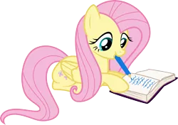 Size: 5000x3511 | Tagged: safe, artist:missbeigepony, derpibooru import, fluttershy, pegasus, pony, book, cute, female, looking down, lying down, mare, pencil, simple background, solo, transparent background, writing