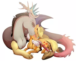 Size: 2000x1600 | Tagged: applecord, applejack, artist:evehly, blushing, crack shipping, derpibooru import, discord, female, kissing, kiss on the cheek, male, safe, shipping, straight, wink