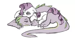 Size: 1381x761 | Tagged: safe, artist:anonymous, derpibooru import, rarity, spike, dragon, pony, unicorn, blushing, cuddling, cute, eyes closed, female, floppy ears, interspecies, lidded eyes, male, mare, older, older spike, one eye closed, prone, shipping, smiling, snuggling, sparity, straight, wavy mouth