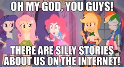 Size: 631x344 | Tagged: safe, derpibooru import, applejack, fluttershy, pinkie pie, rainbow dash, rarity, equestria girls, exploitable meme, image macro, mane six, meme, pinkie has a crazy idea