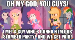 Size: 631x344 | Tagged: safe, derpibooru import, applejack, fluttershy, pinkie pie, rainbow dash, rarity, equestria girls, exploitable meme, image macro, mane six, meme, pinkie has a crazy idea