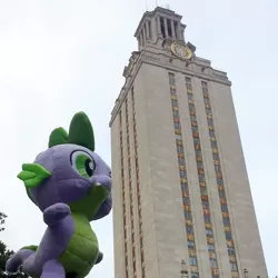 Size: 1000x1000 | Tagged: artist:texasuberalles, derpibooru import, dragon, forced perspective, irl, photo, plushie, ponies around the world, safe, solo, spike, spike plushie, ut tower