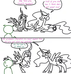 Size: 701x730 | Tagged: artist:the weaver, caught, comic, derpibooru import, dialogue, gossip, human, nervous, oc, oc:anon, open mouth, princess celestia, prone, queen chrysalis, raised hoof, safe, simple background, smiling, sweat, white background, wide eyes