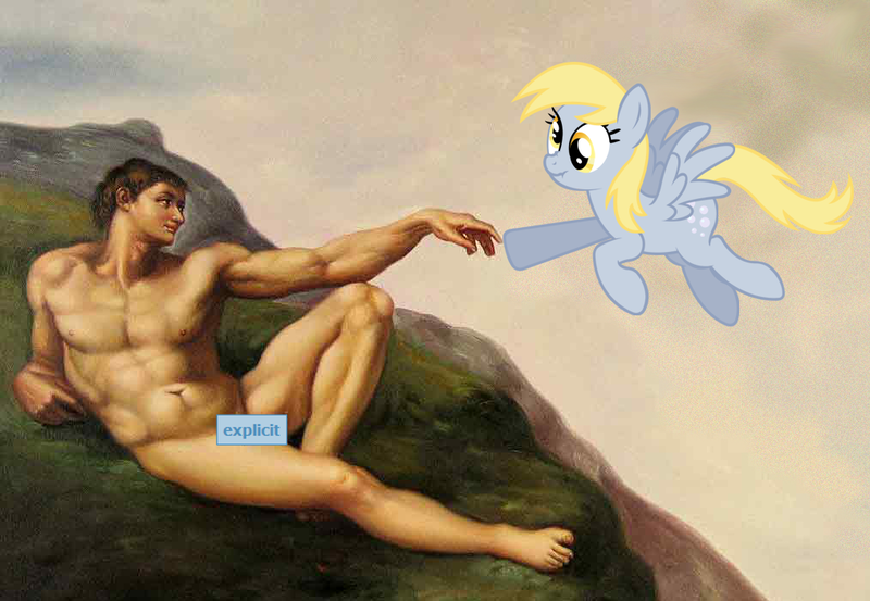 Size: 1014x701 | Tagged: artist:michelangelo, artist:moonbrony, censor bar, censored, derpibooru, derpibooru import, derpy hooves, edit, explicit source, fine art parody, flying, human, nose wrinkle, photo, poking, questionable, scrunchy face, spread wings, :t, the creation of adam, touch