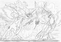 Size: 1300x917 | Tagged: angry, artist:leovictor, derpibooru import, disguise, fight, frown, glare, gritted teeth, lineart, magic, monochrome, nightmare moon, nightmare star, oc, oc:nyx, princess celestia, raised hoof, rearing, safe, spread wings, sword, telekinesis, weapon