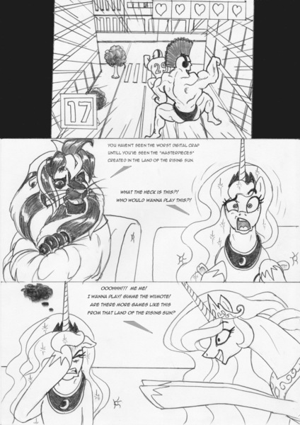 Size: 884x1250 | Tagged: artist:leovictor, blushing, comic, derpibooru import, eyes closed, floppy ears, game, gamer luna, grin, gritted teeth, hoof hold, monochrome, muscle march, muscles, open mouth, princess celestia, princess luna, questionable, shocked, smiling, wide eyes