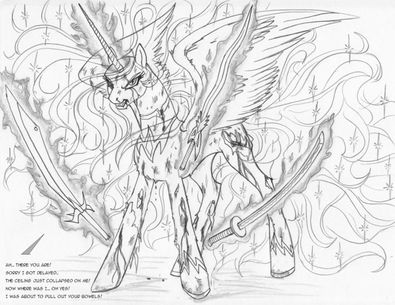 Size: 1200x929 | Tagged: grimdark, artist:leovictor, derpibooru import, oc, oc:nyx, unofficial characters only, alicorn, pony, angry, blood, bruised, clothes, glare, gritted teeth, injured, magic, monochrome, nosebleed, solo, spread wings, sword, telekinesis, torn clothes, weapon