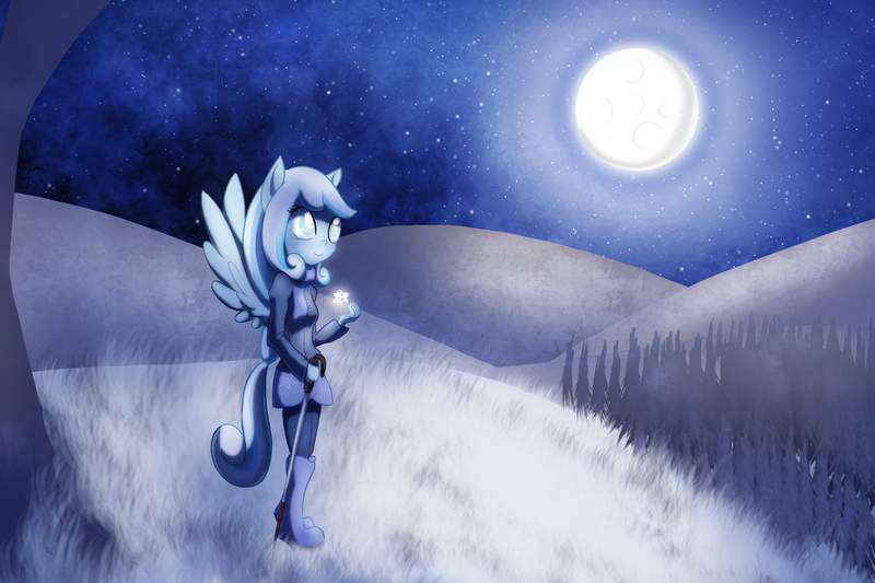 Size: 1920x1280 | Tagged: safe, artist:zedrin, derpibooru import, oc, oc:snowdrop, unofficial characters only, equestria girls, boots, cane, clothes, cute, equestria girls-ified, grass, jacket, moon, night, ocbetes, ponied up, scarf, shoes, smiling, snow, snowflake, solo, tree