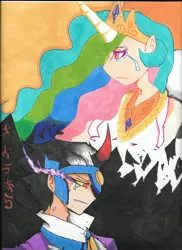 Size: 2550x3507 | Tagged: artist:rockmanuzumaki, crying, derpibooru import, former good king sombra, good king sombra, human, humanized, japanese, king sombra, princess celestia, safe, traditional art