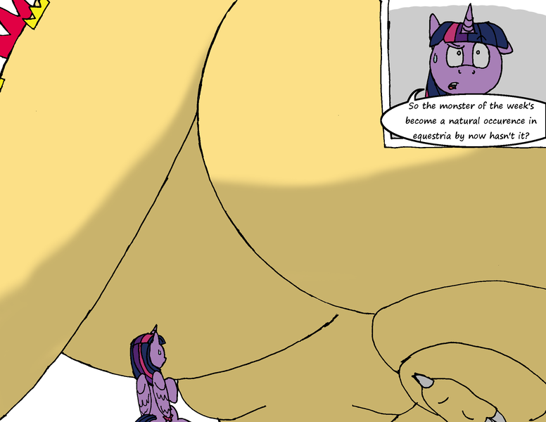 Size: 2184x1688 | Tagged: questionable, artist:americananomaly, derpibooru import, sunset shimmer, twilight sparkle, twilight sparkle (alicorn), alicorn, kaiju, pony, ass, belly, big belly, bipedal, bootylicious, bunset shimmer, butt, claws, fat, female, giantess, godzilla (series), godzilla spines, growth, huge butt, impossibly large belly, impossibly large butt, impossibly large everything, impossibly large thighs, large butt, macro, mare, monster, morbidly obese, mutation, obese, plot, scales, shimmerzilla, slobset shimmer, tail, the ass was fat, thighs, thunder thighs, transformation, weight gain, wide hips