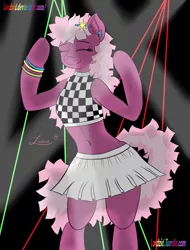 Size: 1900x2500 | Tagged: safe, artist:lordzid, derpibooru import, cheerilee, earth pony, pony, semi-anthro, 80s, 80s cheerilee, belly button, bipedal, clothes, dancing, eyes closed, laser, midriff, miniskirt, skirt, sleeveless, solo