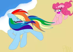 Size: 2056x1454 | Tagged: safe, artist:pokewarriormelodies, derpibooru import, pinkie pie, rainbow dash, beach, blushing