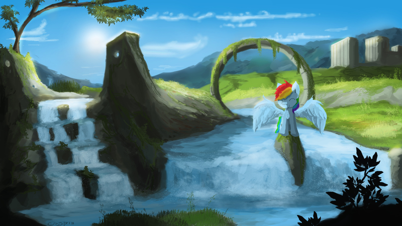 Size: 4000x2250 | Tagged: artist:fuzzyfox11, derpibooru import, eyes closed, outdoors, rainbow dash, safe, scenery, solo, water