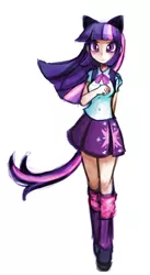 Size: 600x1094 | Tagged: artist:lumineko, backpack, blouse, boots, button-up shirt, clothes, derpibooru import, equestria girls outfit, human, humanized, safe, skirt, solo, tail, tailed humanization, twilight sparkle