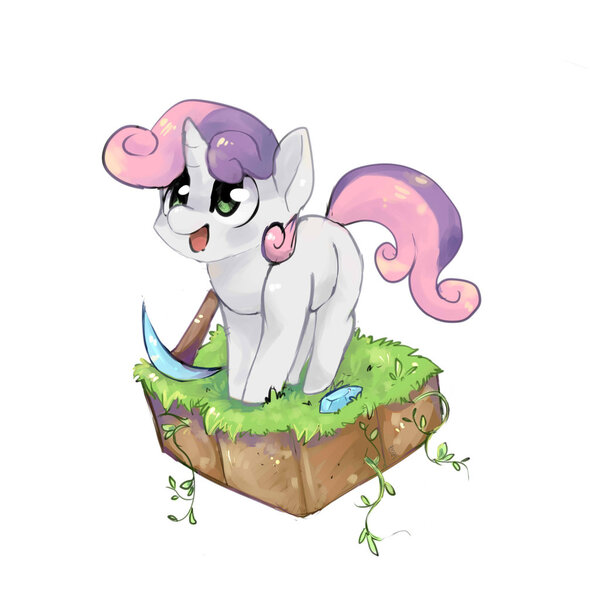 Size: 1024x1024 | Tagged: artist:katemaximova, cute, derpibooru import, diamond, diamond pickaxe, diasweetes, dirt cube, earth, gem, grass, happy, minecraft, pickaxe, safe, simple background, solo, sweetie belle