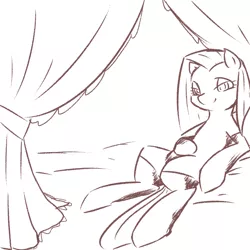 Size: 1000x1000 | Tagged: artist:bones, bed, bedroom eyes, clothes, derpibooru import, monochrome, pinkamena diane pie, pinkie pie, pixiv, safe, socks, solo