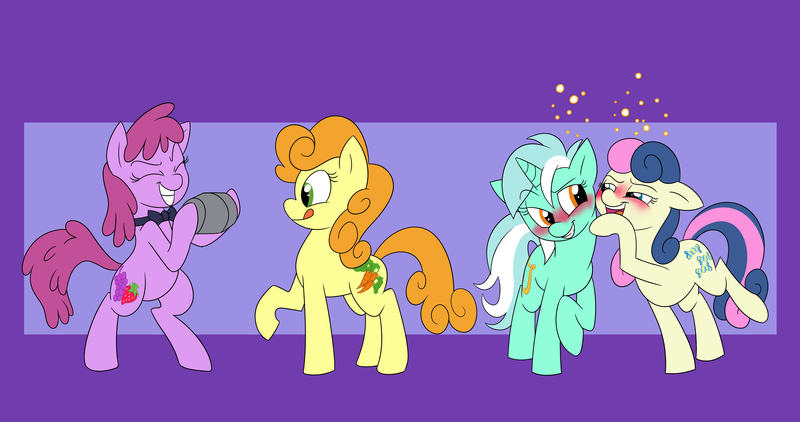 Size: 3289x1736 | Tagged: safe, artist:mickeymonster, derpibooru import, berry punch, berryshine, bon bon, carrot top, golden harvest, lyra heartstrings, sweetie drops, pony, bipedal, blushing, drunk, eyes closed, female, go home you're drunk, grin, lesbian, licking lips, lyrabon, raised hoof, shipping, smiling, standing, tongue out