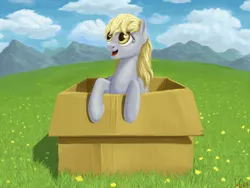 Size: 1200x900 | Tagged: safe, artist:ivg89, derpibooru import, derpy hooves, pegasus, pony, box, cute, female, field, leaning, mare, messy mane, open mouth, pony in a box, smiling, solo