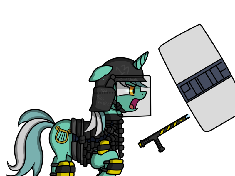 Size: 1280x960 | Tagged: safe, artist:blackbasscry, derpibooru import, lyra heartstrings, pony, unicorn, armor, clothes, helmet, police, riot gear, riot police, riot shield, shield, simple background, solo, tonfa, transparent background, vest