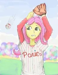 Size: 587x756 | Tagged: artist:trixsun, baseball, derpibooru import, fluttershy, human, humanized, major league baseball, mlb, philadelphia phillies, safe, solo