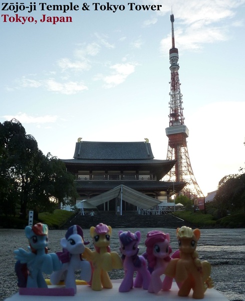 Size: 1514x1858 | Tagged: applejack, artist:caliaponia, derpibooru import, fluttershy, irl, japan, photo, pinkie pie, ponies around the world, rainbow dash, rarity, safe, temple, tokyo, tokyo tower, toy, twilight sparkle