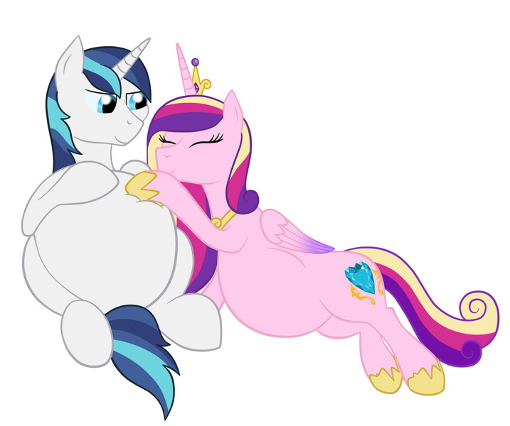 Size: 1280x1071 | Tagged: artist:8aerondight8, belly, bhm, big belly, derpibooru import, eyes closed, fat, female, happy, hoof on belly, male, mare, not pregnant, pregnant, princess cadance, safe, shining armor, shining blubber, shiningcadance, shipping, smiling, stallion, straight