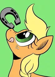 Size: 826x1169 | Tagged: safe, artist:darkhestur, derpibooru import, applejack, pony, balancing, color, green background, horseshoes, ponies balancing stuff on their nose, silly, silly pony, simple background, solo, tongue out
