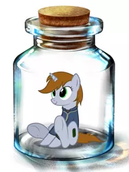 Size: 600x800 | Tagged: safe, artist:songbreeze741, derpibooru import, oc, oc:littlepip, unofficial characters only, pony, unicorn, fallout equestria, fanfic, bottle, clothes, cutie mark, fallout, fanfic art, female, hooves, horn, jar, mare, pipbuck, pony in a bottle, simple background, sitting, smiling, solo, vault suit, white background