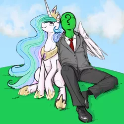 Size: 800x800 | Tagged: safe, artist:kevinsano, artist:rainbow-dosh, derpibooru import, edit, princess celestia, oc, oc:anon, alicorn, human, pony, clothes, cute, cutelestia, female, hug, human male, male, mare, sky, smiling, winghug