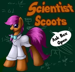 Size: 1280x1239 | Tagged: artist:grennadder, ask, clothes, derpibooru import, lab coat, safe, scientist, scientist scoots, scootaloo, solo, tumblr